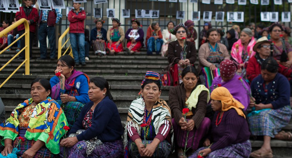 Ixil Mayan genocide survivors gather outside the Guatemalan Supreme Court demanding justice for their loved ones.