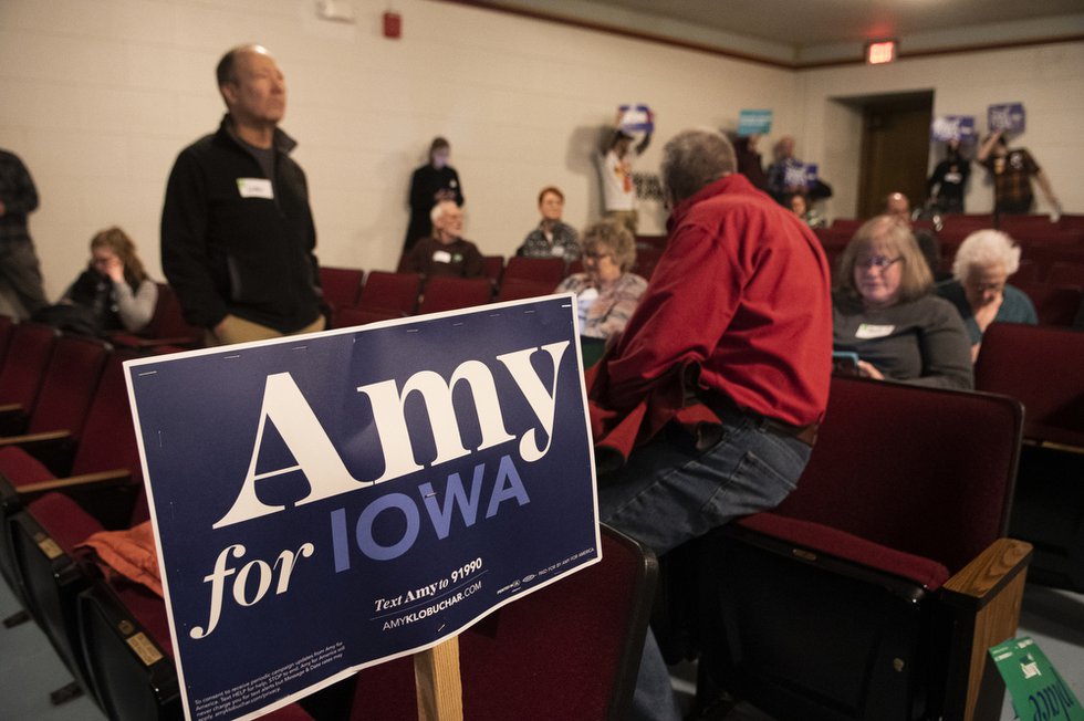 Amy Klobuchar supporters gather in Ames, Iowa, caucus floor. They did not have enough supporters to be viable after the first round of voting. They had forty-eight, but needed eighty-five to remain viable.