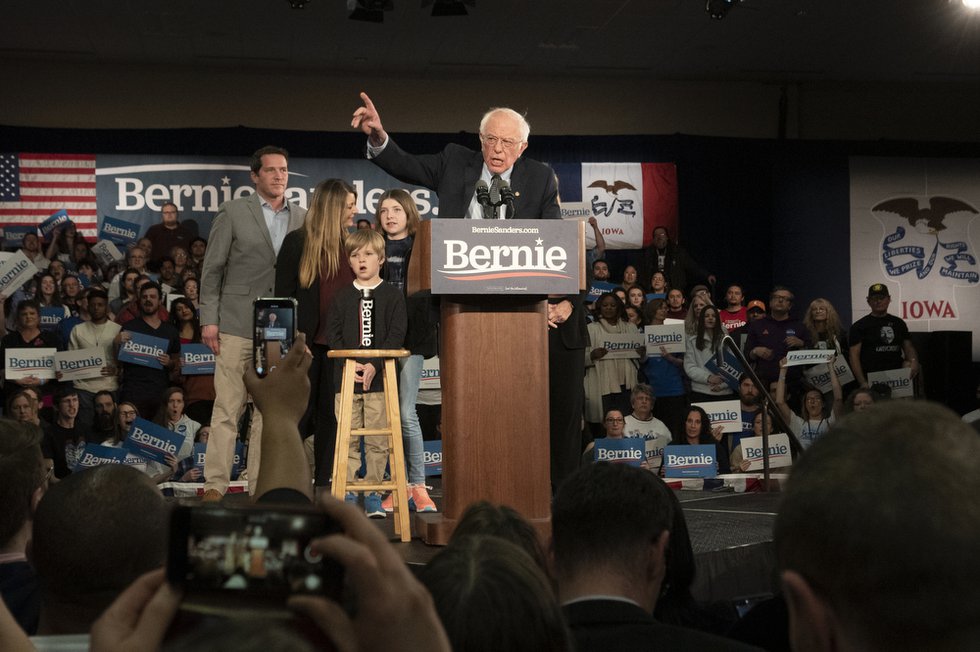 Sanders addresses the crowd at the Holiday Inn Des Moines Airport Hotel and Conference Center.