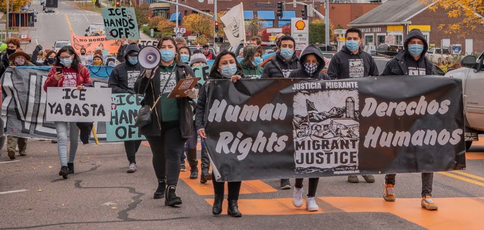 Activists march on October 28 in Burlington, Vermont, celebrating settlement of federal lawsuit affirming first amendment rights of immigrants, photo by Terry Allen.jpg