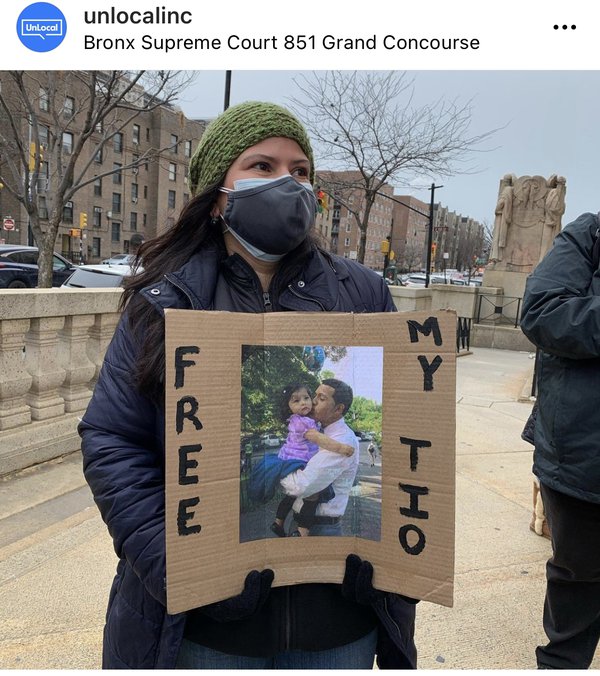 Dariela Moncada holding sign in support of her brother at Bronx news conference on January 31, 2021, photo by UnLocal.jpg