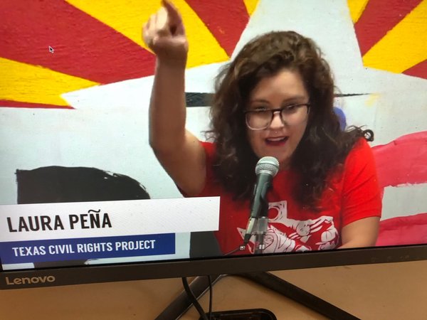 Activist Laura Peña addresses Border Community Town Hall in Hidalgo County, Texas on June 30, screenshot .jpg